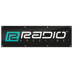 The Radio Raceline Shop Banner is a rectangular black banner featuring the "Radio Raceline" logo in white and teal text with a stylized "R" on the left, ideal as a hanging sign or display for your shop or workshop.