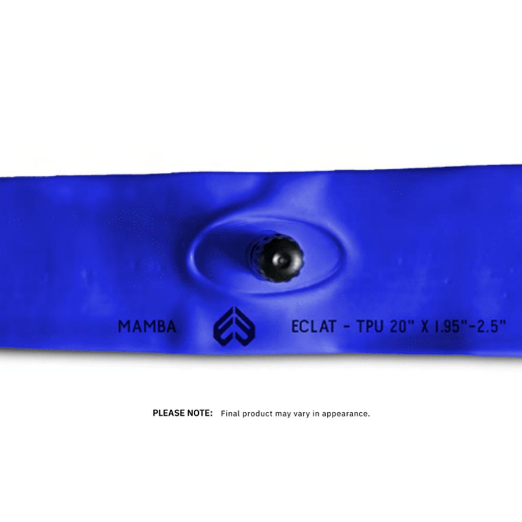 The Eclat Mamba SV TPU Tube is a lightweight blue BMX inner tube, designed for 20" x 1.95"-2.5" tires with a visible 20-inch Schrader valve; actual product appearance may vary from images shown.