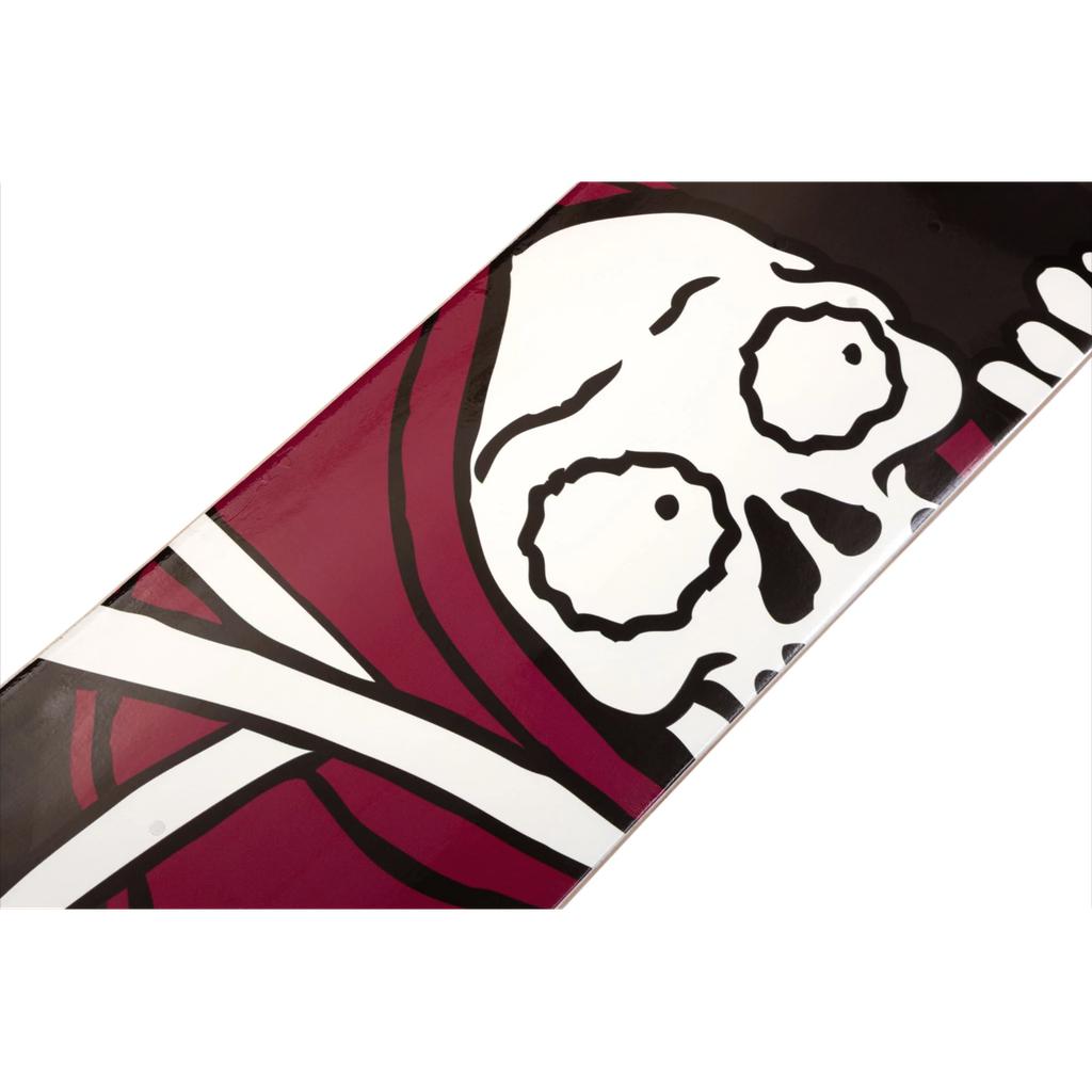 The Sunday Creepy Sweeper Skateboard Deck, made from premium Canadian Hard Rock Maple, features a stylized skull with wide eyes and crossed arms on a maroon background.