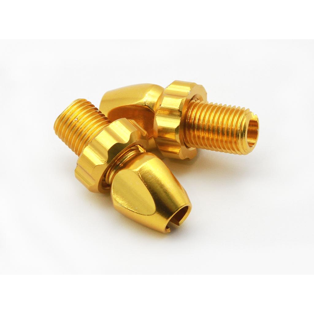 Two Salt M10 Brake Cable Barrel Adjusters made from durable 6061-T6 alloy with a gold-colored shiny finish are displayed on a white background.