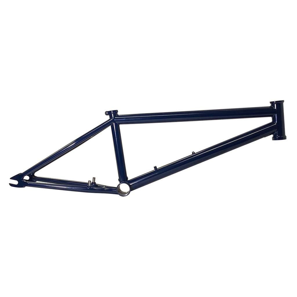 A dark blue S&M Rambler Thru N Thru Frame (Nathan Halahan), built for dirt jump riders, is shown without wheels, fork, or components against a white background.