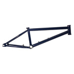 A dark blue S&M Rambler Thru N Thru Frame (Nathan Halahan), built for dirt jump riders, is shown without wheels, fork, or components against a white background.