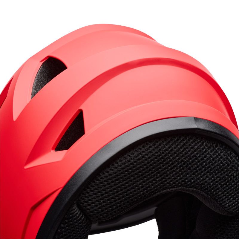 Close-up of the Bell Sanction 2 Red helmet, featuring black vent openings and textured black interior padding—an ideal entry-level or kids’ bike helmet.