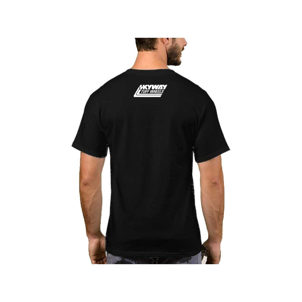 The back of a man wearing an iconic Skyway Tuffwheel USA Made T-Shirt.
