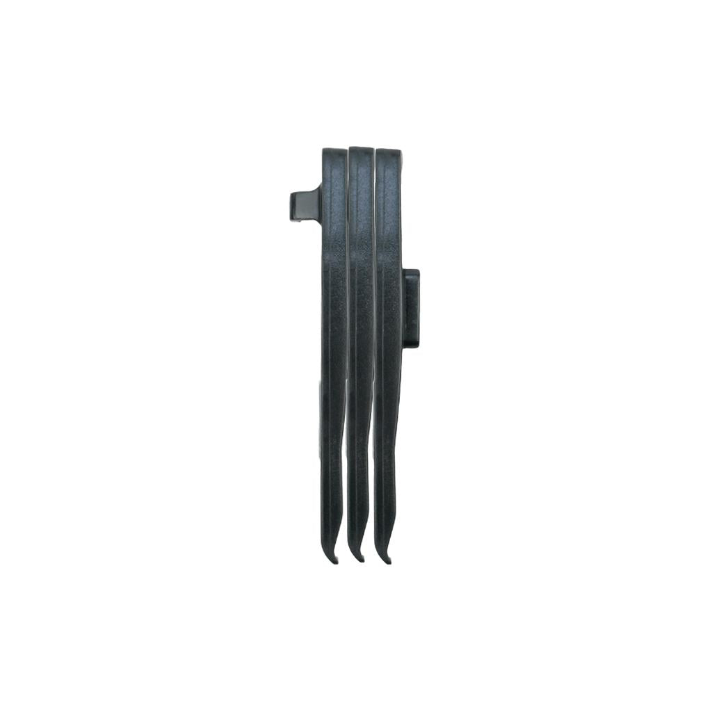 A compact and lightweight black 6MIL TL-01 Tyre Lever with three prongs, crafted from durable polymer, shown from the side against a white background.