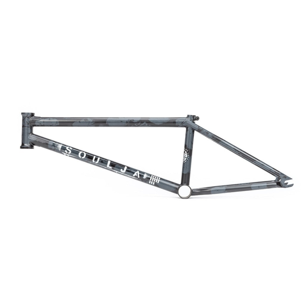 BSD Soulja V3 Frame painted in grayscale camouflage pattern with "SOULJAH" printed on the down tube, featuring invest cast dropouts.
