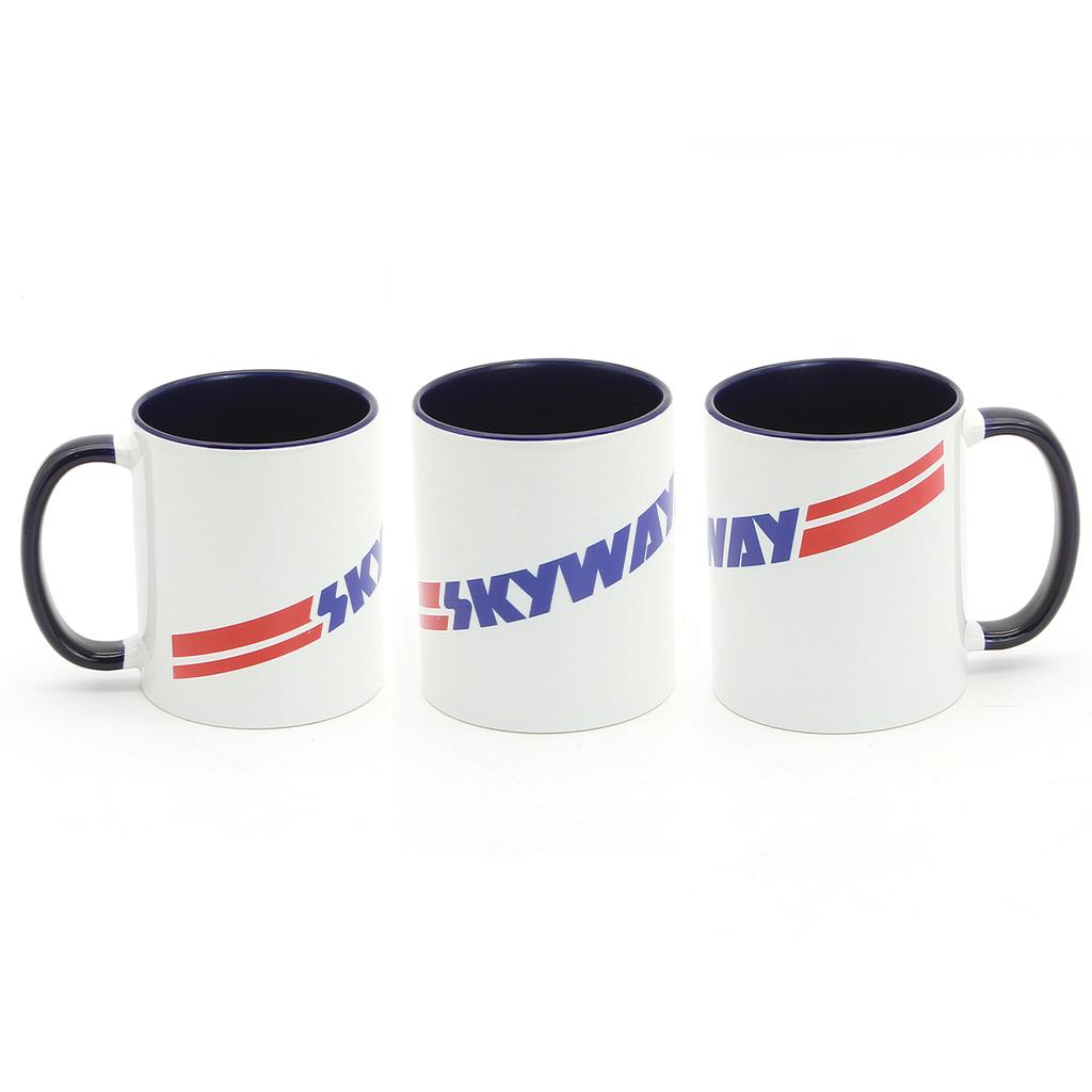 The Skyway TA Logo Coffee Mug features a white ceramic body, black handle, and partial red and blue "Skyway" logo—shown from multiple angles on a white background. An ideal choice for your daily coffee routine.