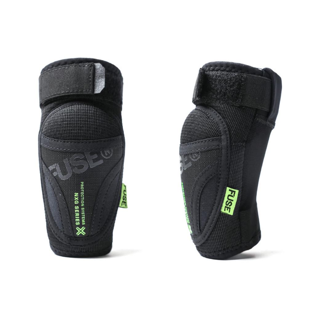 Two black Fuse NXG Kids Elbow Pads with green labels and Velcro straps, shown upright to display front and side views—perfect for children's protection and can be paired with kid-sized knee pads for complete coverage.