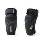 Two black Fuse NXG Kids Elbow Pads with green labels and Velcro straps, shown upright to display front and side views—perfect for children's protection and can be paired with kid-sized knee pads for complete coverage.