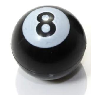 A pair of 8 Ball Schrader Valve Caps, each styled like a black billiard 8-ball with a white circle and the number 8, ideal for collectors or to add a unique touch to your air valves.