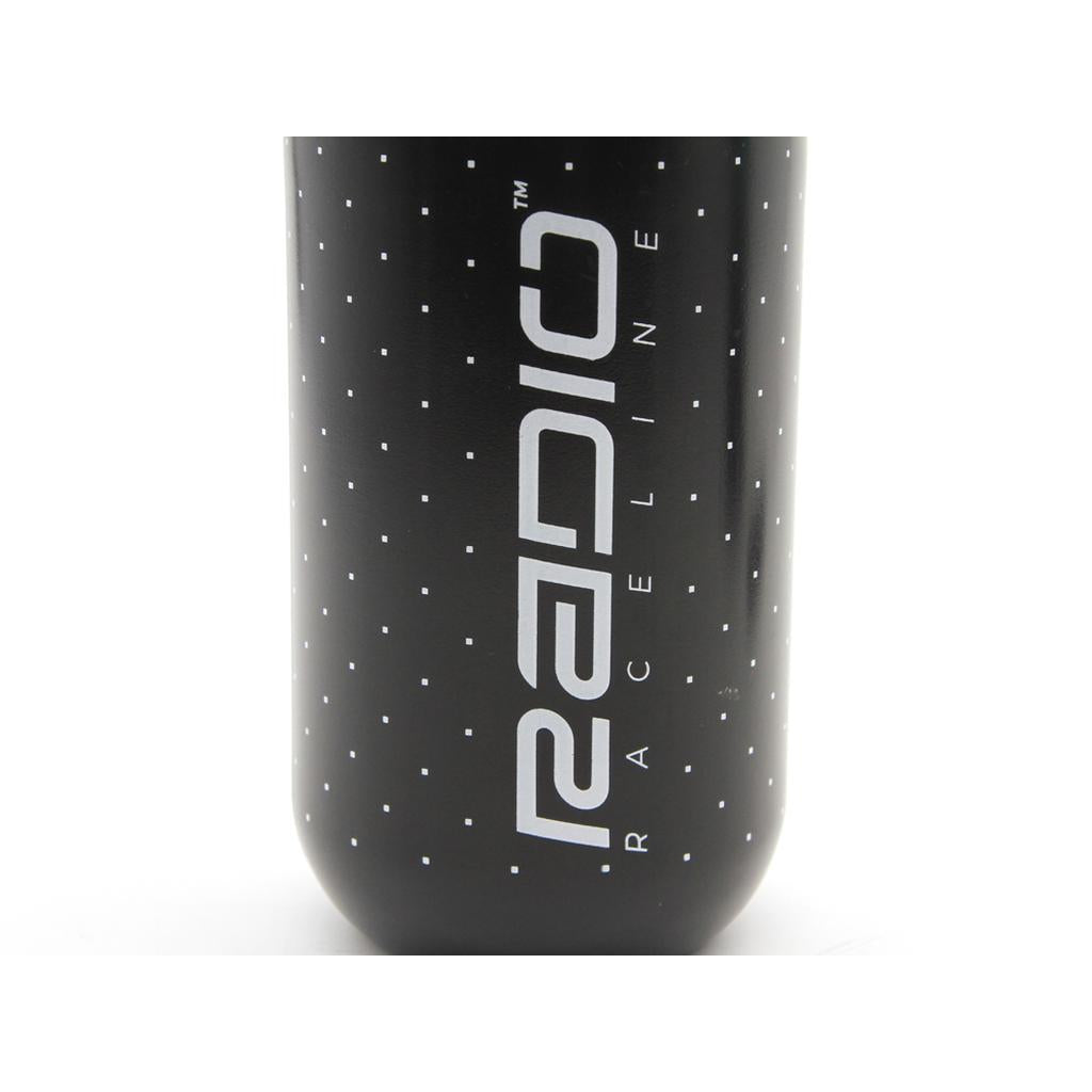 Close-up of the 600ml Radio Raceline Team Water Bottle, black and squeezable, featuring small white dots and bold vertical "RADIO RACELINE" text in white.