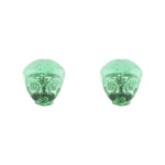 Two translucent green resin objects shaped like alien heads sit side by side on a white background, resembling Alienation Alien Valve Caps designed for Schrader valves.