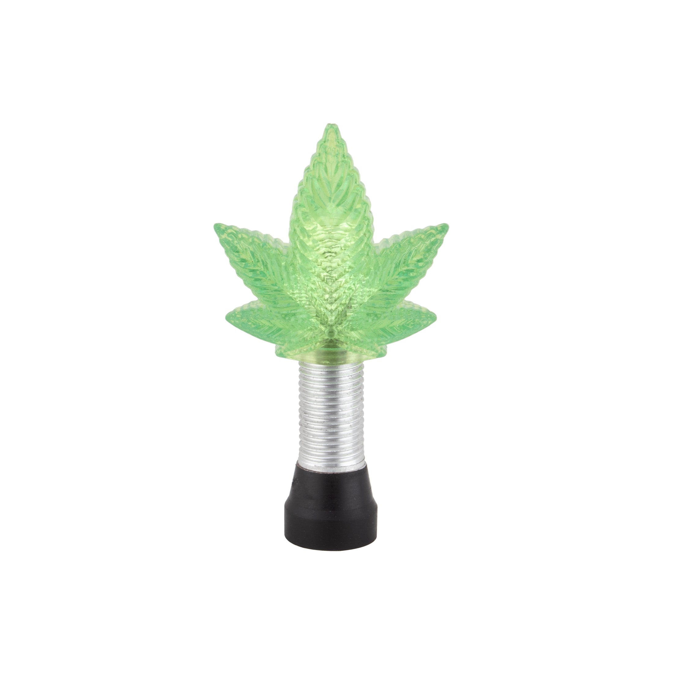 Alienation 420 Valve Caps (Pair): Green cannabis leaf-shaped knobs made from sustainable acrylic with silver threaded bases and black ends, perfect for use as valve caps. Isolated on white background.