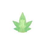 A pair of Alienation 420 Valve Caps, shaped like green translucent cannabis leaves and made from sustainable acrylic, is displayed against a plain white background.