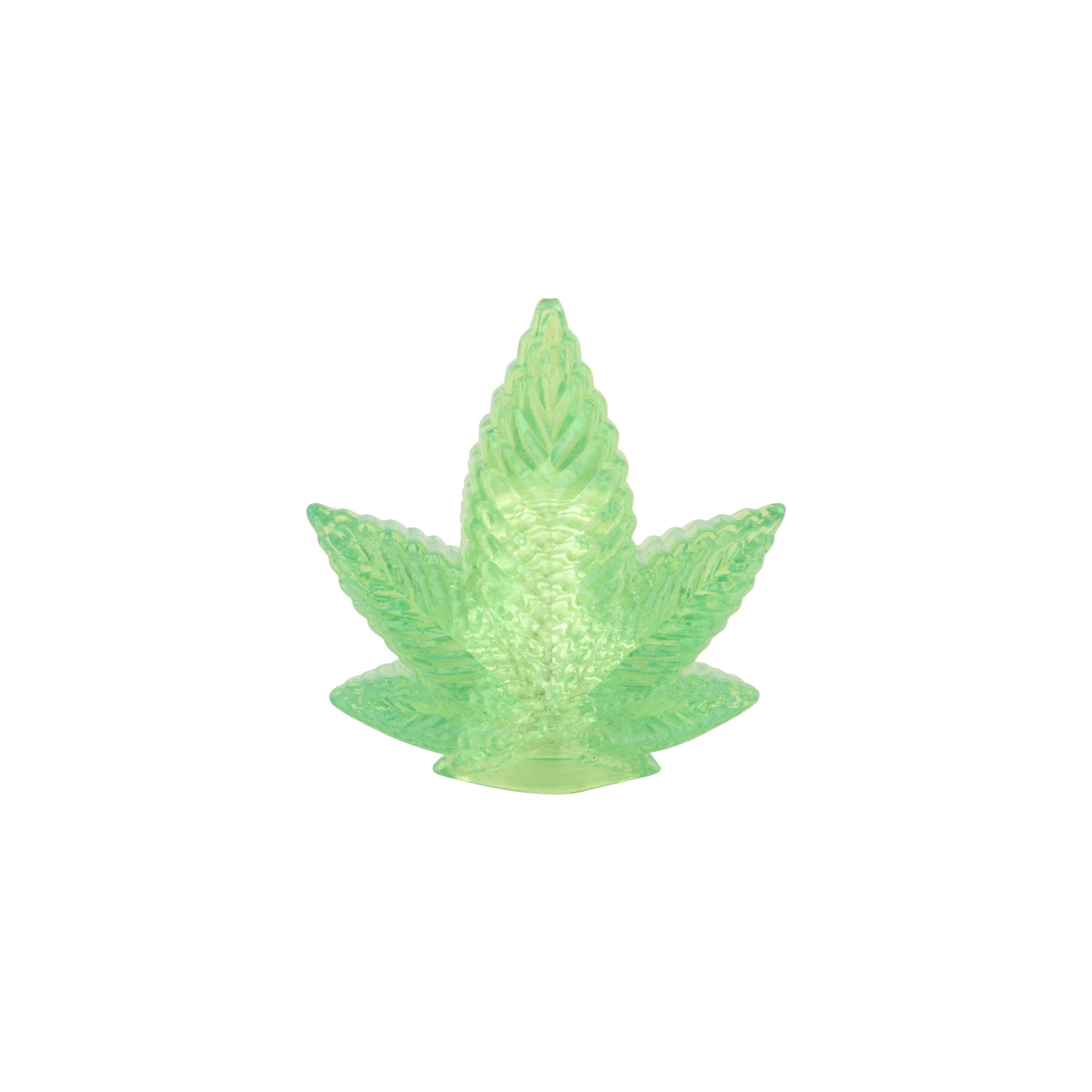 A pair of Alienation 420 Valve Caps, shaped like green translucent cannabis leaves and made from sustainable acrylic, is displayed against a plain white background.