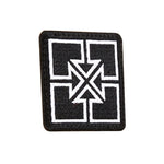 The Fit Bike Co Key Embroided Patch is a black patch with a white geometric cross and triangle design at the center, finished with a sleek satin border.
