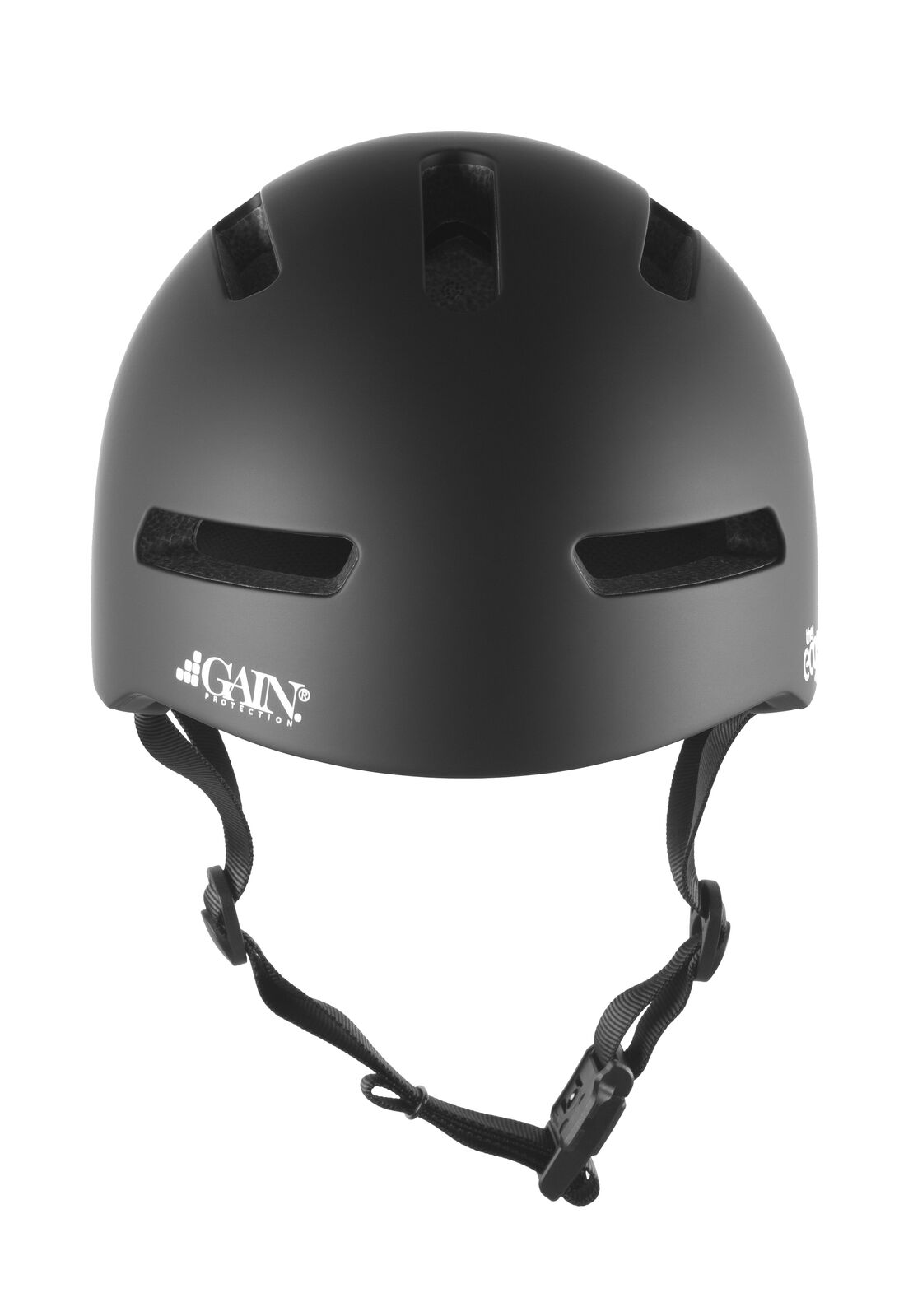 The Gain Protection The Edge Pro Helmet (XS - XL) in matte black features multiple ventilation slots, an adjustable chin strap, side Gain Protection logo, and featherlight in-mould tech for comfort and safety during action sports.