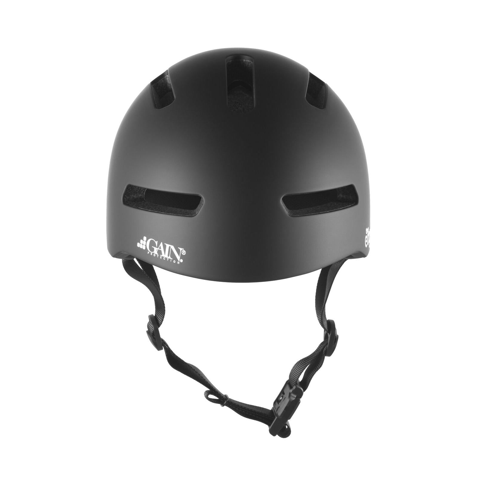 The Gain Protection The Edge Pro Helmet (XS - XL) in matte black features multiple ventilation slots, an adjustable chin strap, side Gain Protection logo, and featherlight in-mould tech for comfort and safety during action sports.