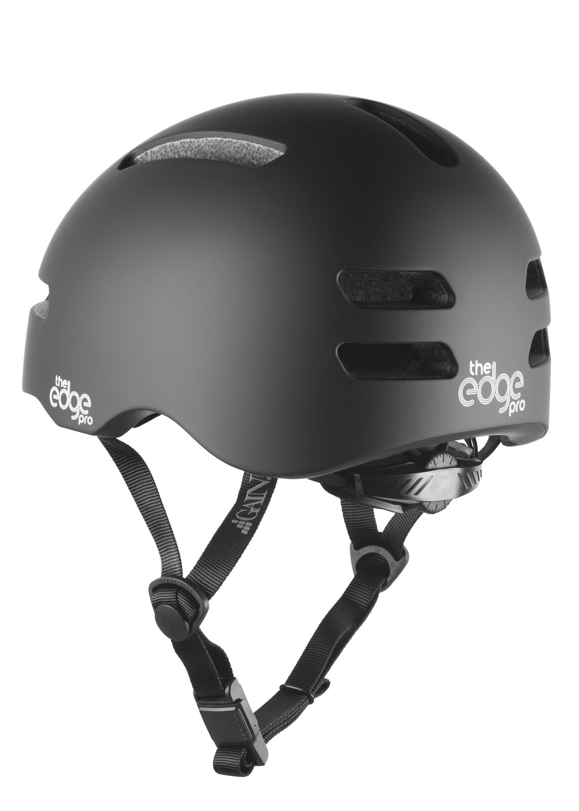A matte black Gain Protection The Edge Pro Helmet (XS - XL) with featherlight in-mould design, adjustable straps, ventilation holes, and "the edge pro" labeled on the side.
