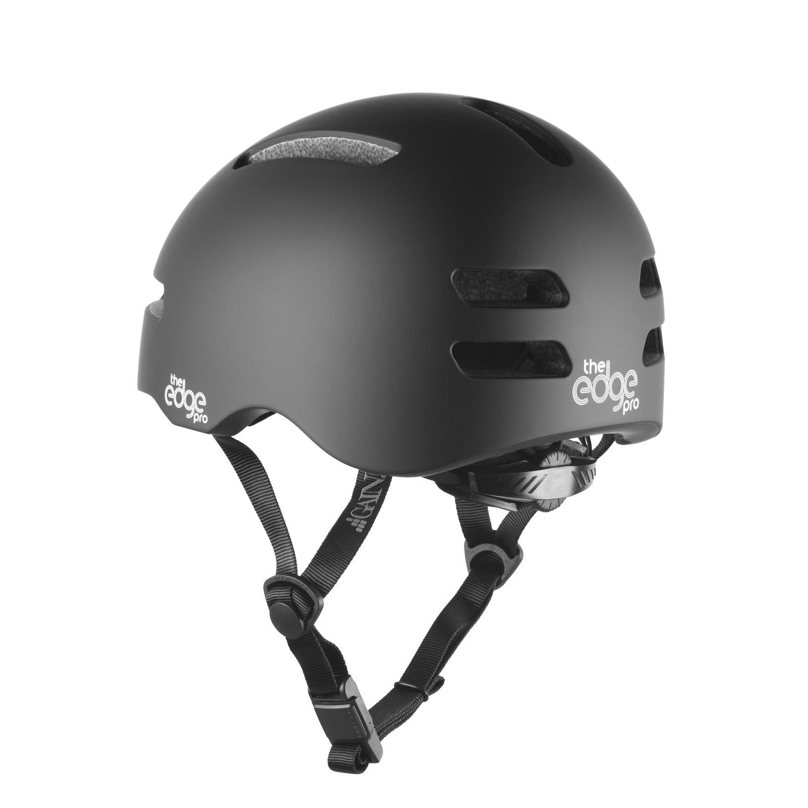 A matte black Gain Protection The Edge Pro Helmet (XS - XL) with featherlight in-mould design, adjustable straps, ventilation holes, and "the edge pro" labeled on the side.
