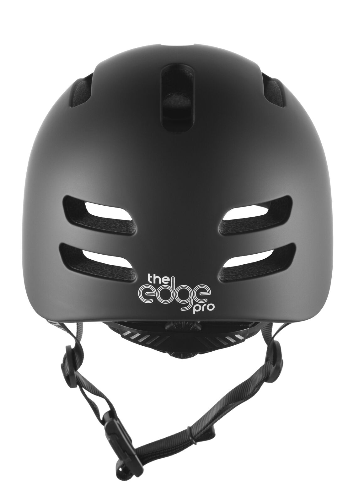 Front view of the Gain Protection The Edge Pro Helmet (XS-XL), an action sport helmet in matte black with ventilation slots, adjustable chin strap, and featherlight in-mould technology.