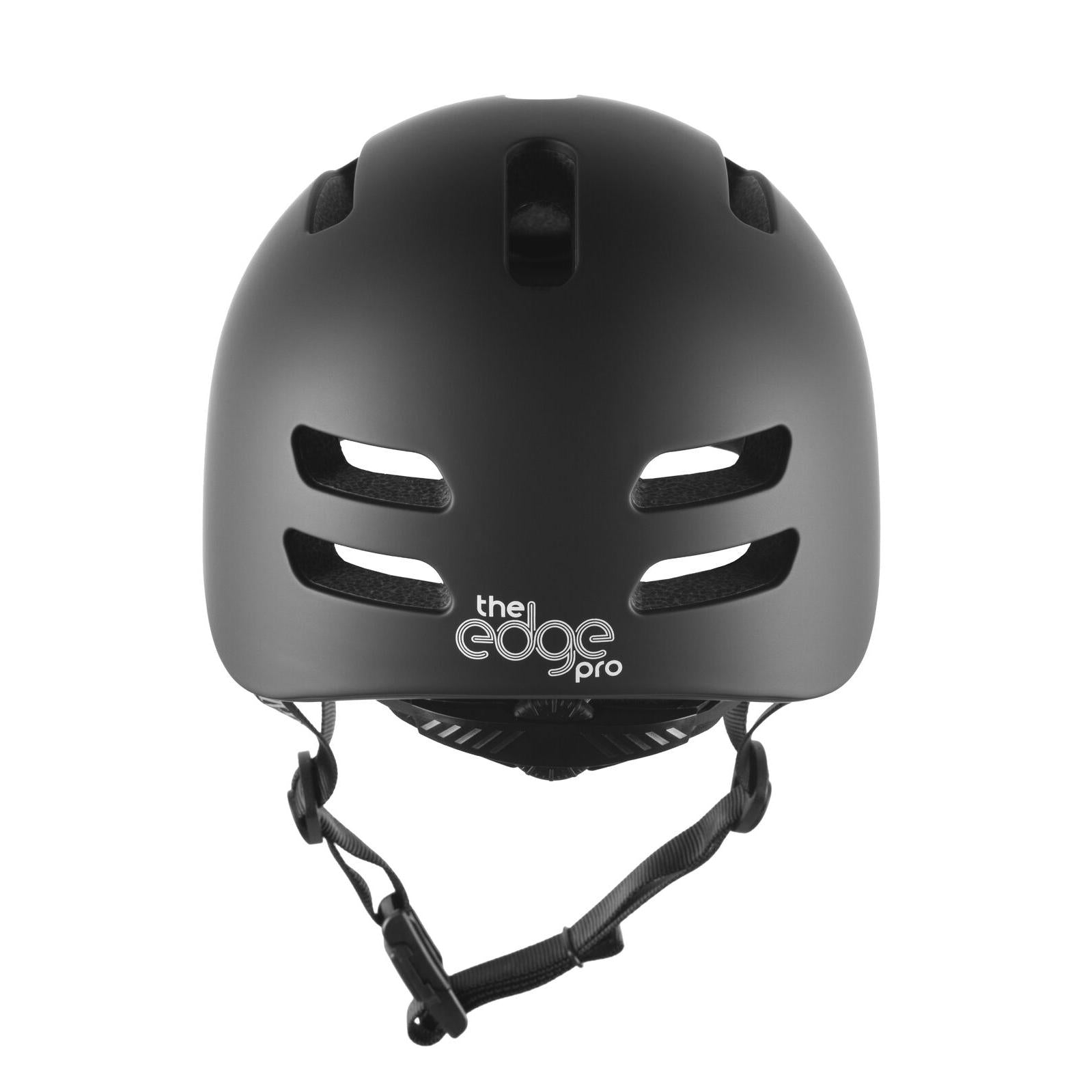 Front view of the Gain Protection The Edge Pro Helmet (XS-XL), an action sport helmet in matte black with ventilation slots, adjustable chin strap, and featherlight in-mould technology.