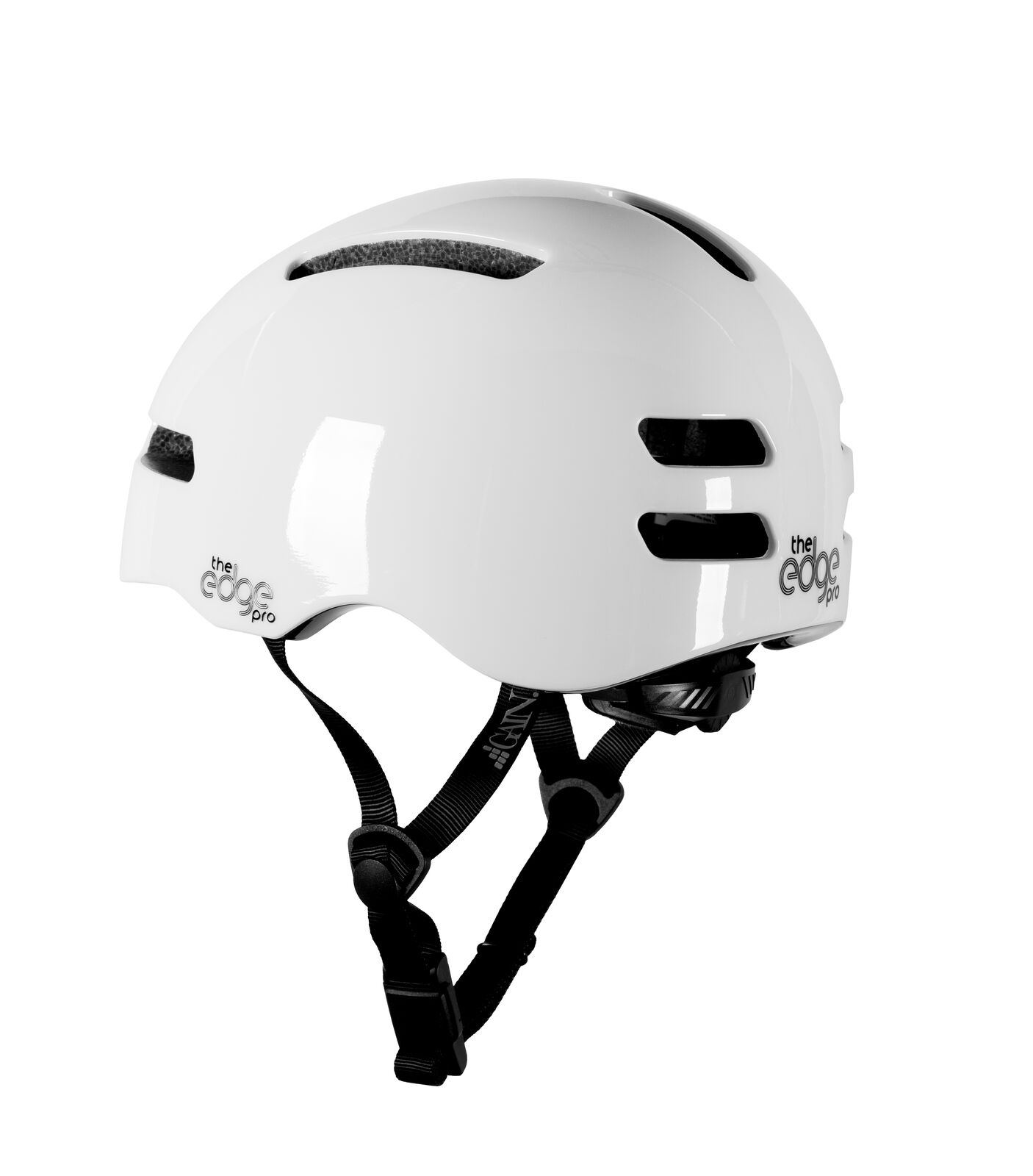 The Gain Protection The Edge Pro Helmet (XS - XL) is a white action sport helmet with black vents, adjustable chin straps, featherlight in-mould tech, and "the edge pro" label on the side.