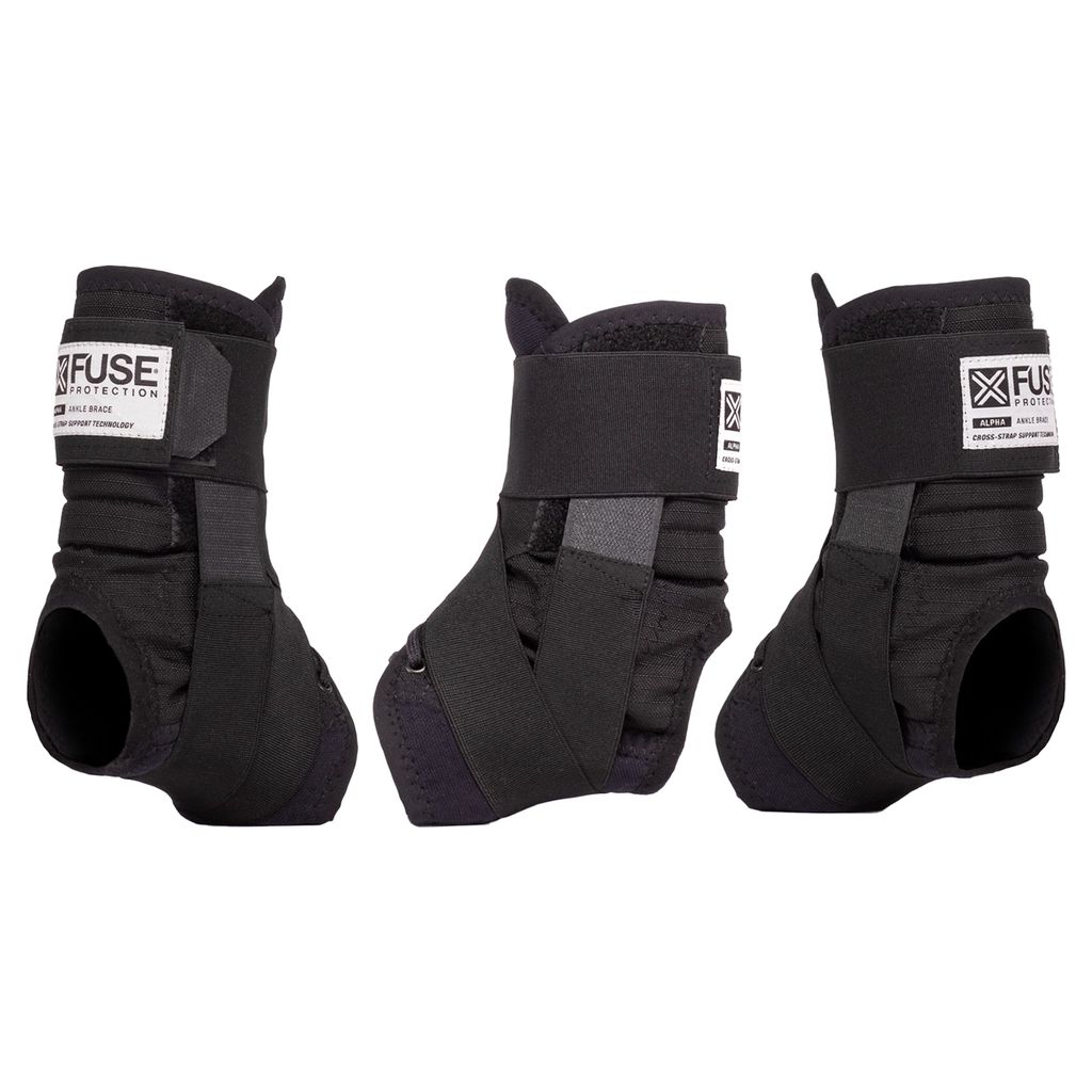 The Fuse Alpha Pro Ankle Brace (Pair) in black showcases three braces featuring bi-directional straps and prominent branding. Constructed with anti-bacterial neoprene, they are displayed from various angles to emphasize their adjustable design.