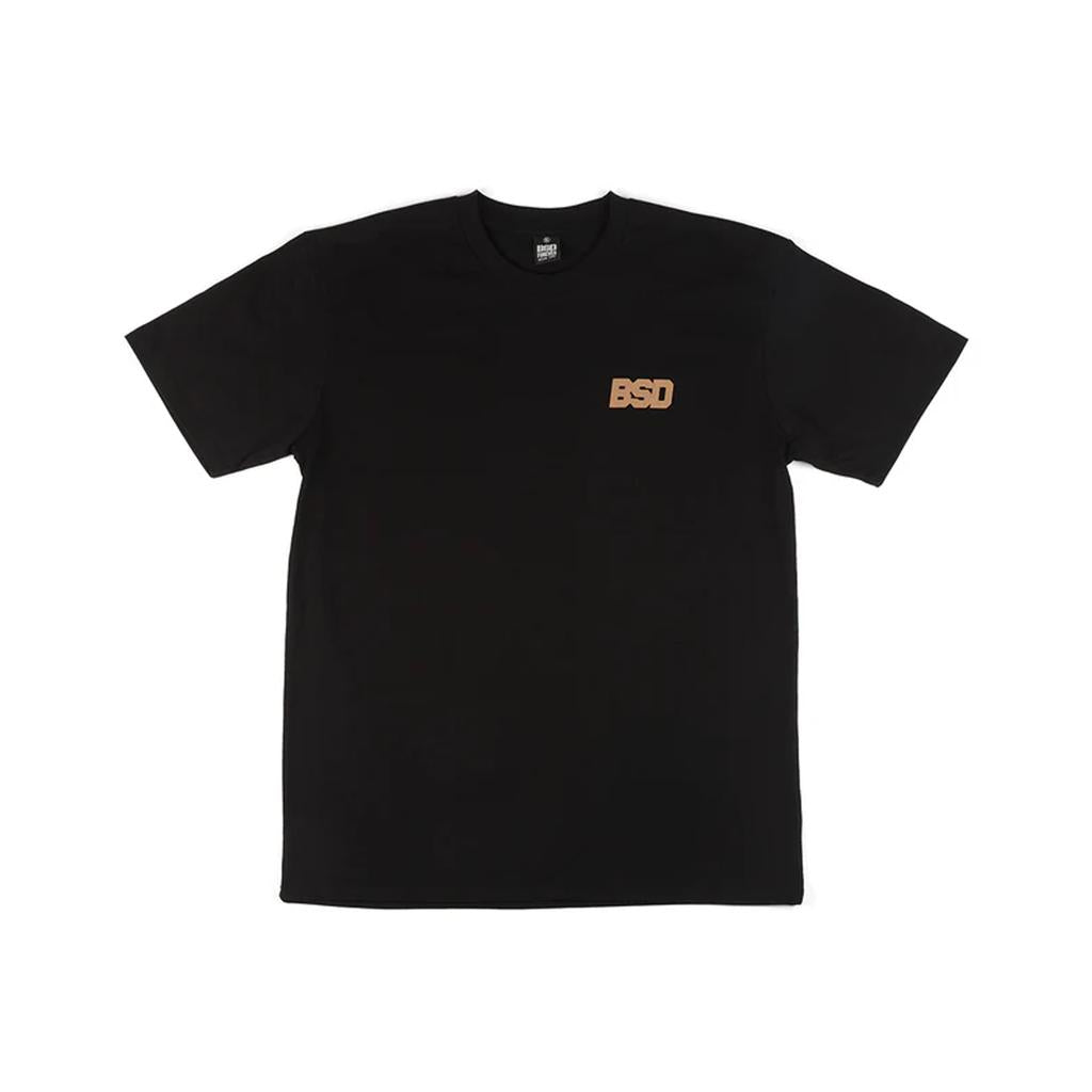 The BSD We Here Forever T-Shirt is a plain black high-quality cotton tee featuring a small tan "BSD" logo printed on the left chest.