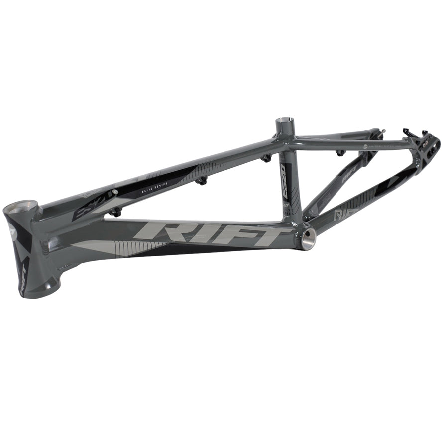 A Rift ES20D Frame Pro XL frame, designed for race season, adorned with the word "rift" and optimized for disc-only braking.