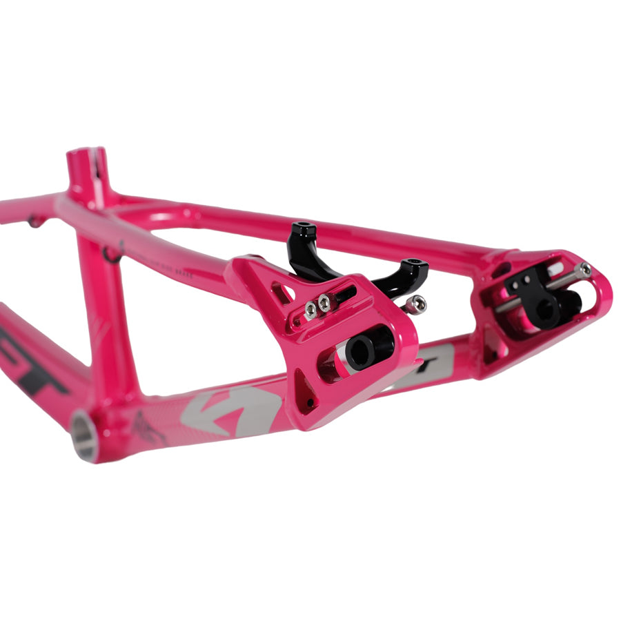 A pink Rift ES20D Frame Pro L bicycle frame on a white background.