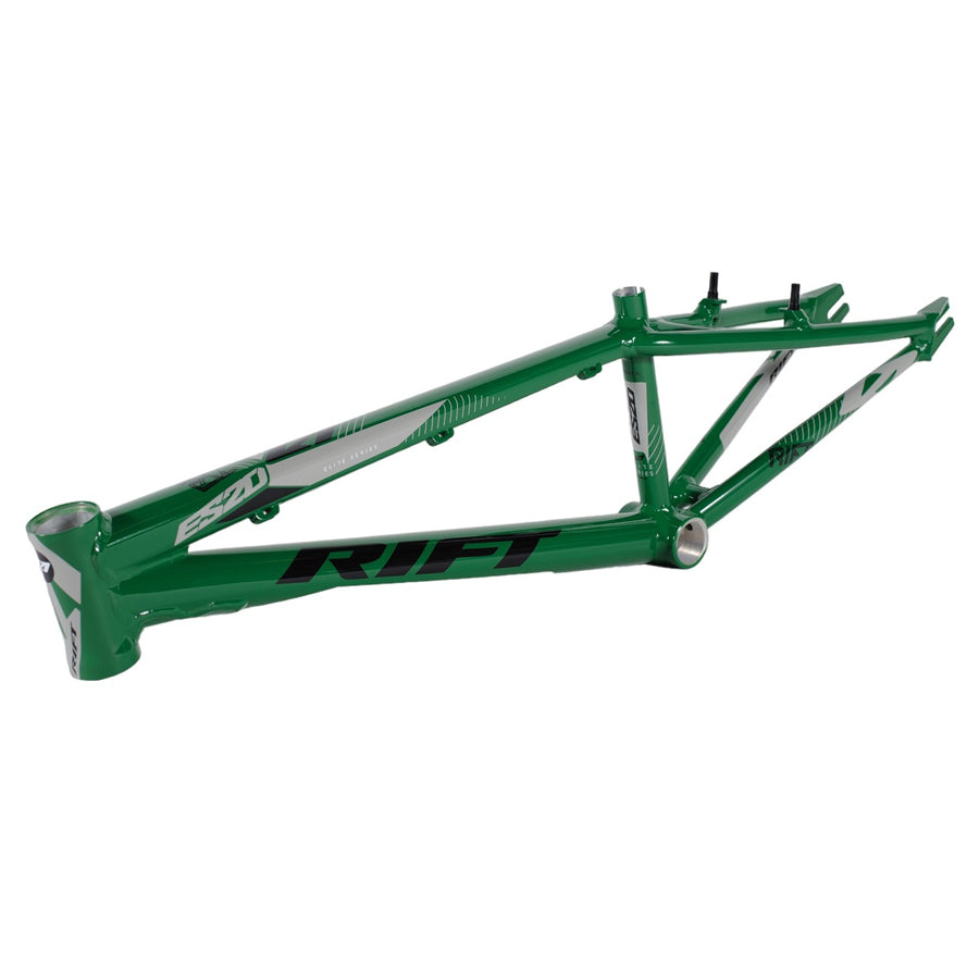 A green bike frame on a white background, featuring the Rift ES20D Frame Pro XXXL.