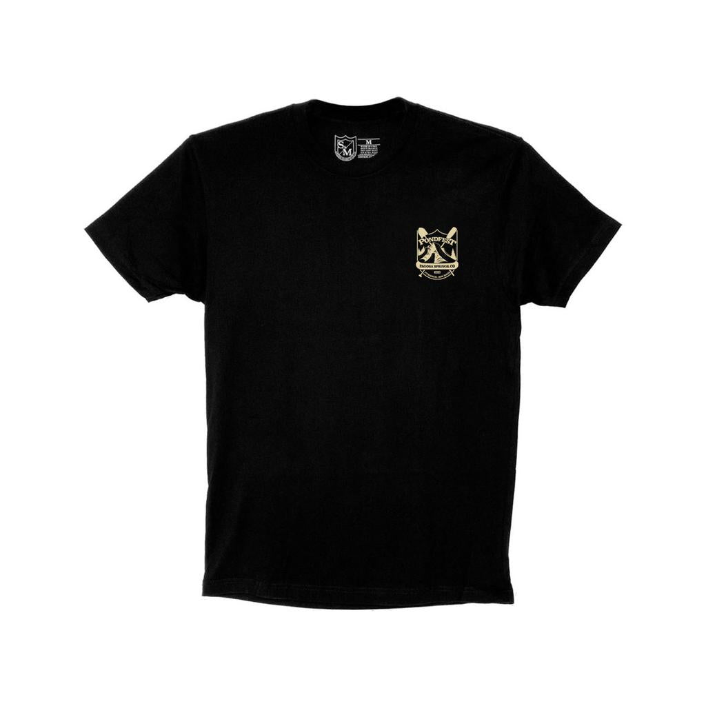 The S&M Pondfest Shield T-Shirt is a black short-sleeve tee with a small, light graphic and text on the left chest, ideal for BMX fans. Laid flat on a white background, it’s proudly printed in the USA.