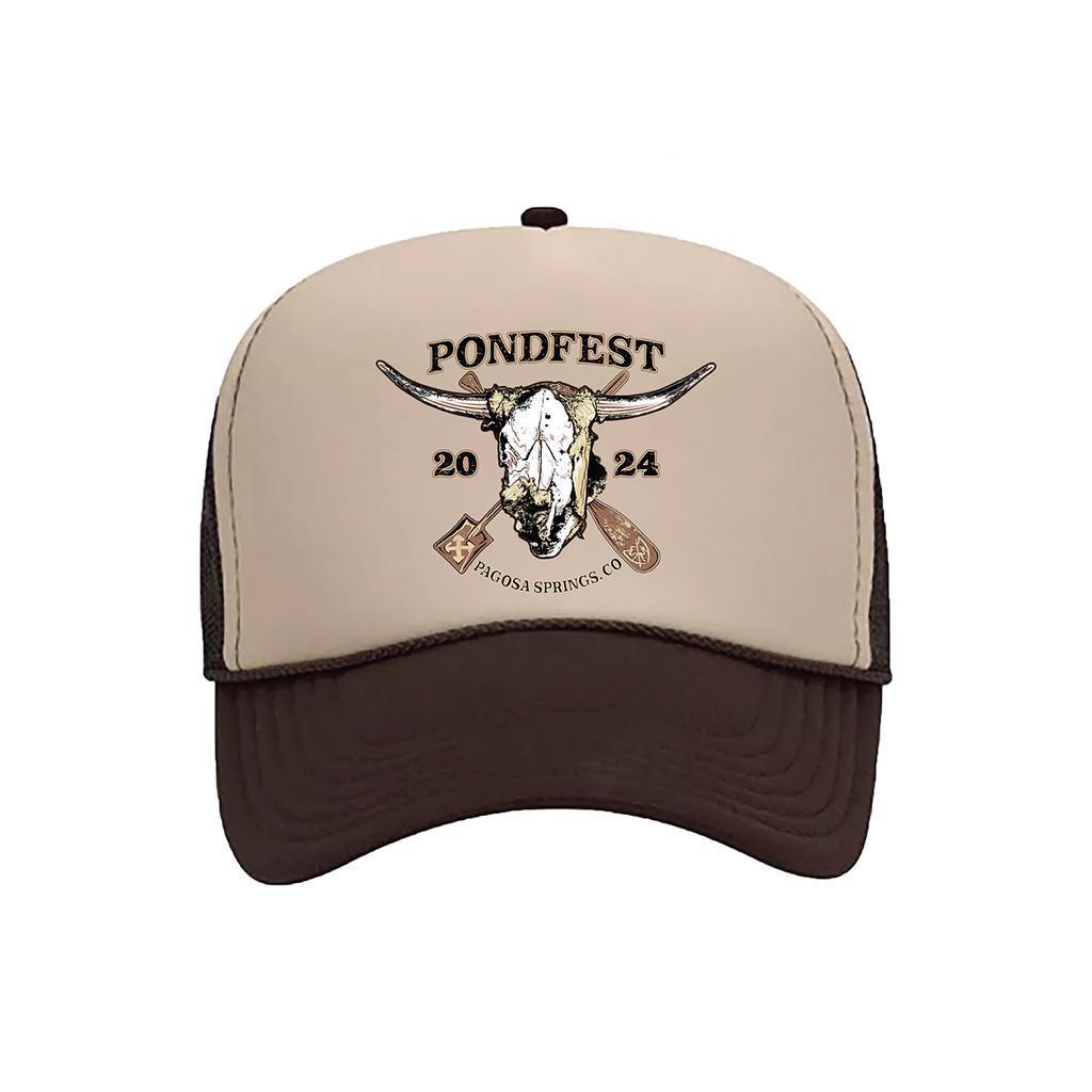 The S&M Pondfest 2024 Cap is a mesh back trucker hat featuring "PONDFEST 2024," a steer skull with crossed paddles, "PAGOSA SPRINGS, CO," and is proudly printed in the USA.