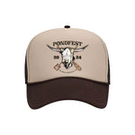 The S&M Pondfest 2024 Cap is a mesh back trucker hat featuring "PONDFEST 2024," a steer skull with crossed paddles, "PAGOSA SPRINGS, CO," and is proudly printed in the USA.