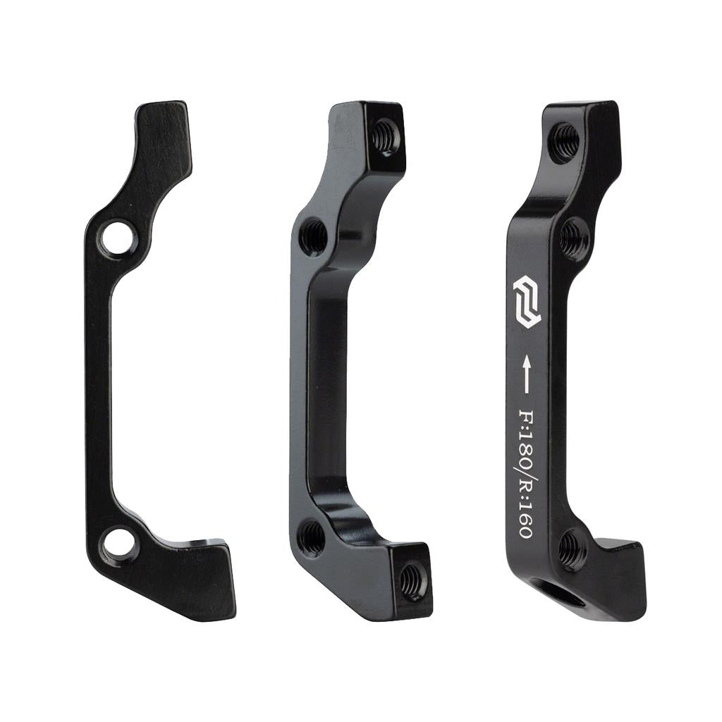 Three Promax PM for IS Disc Brake Adaptors made of black aluminium alloy are shown from multiple angles, each with two holes per end and F:180/R:160 text; compatible with 140mm rotors.