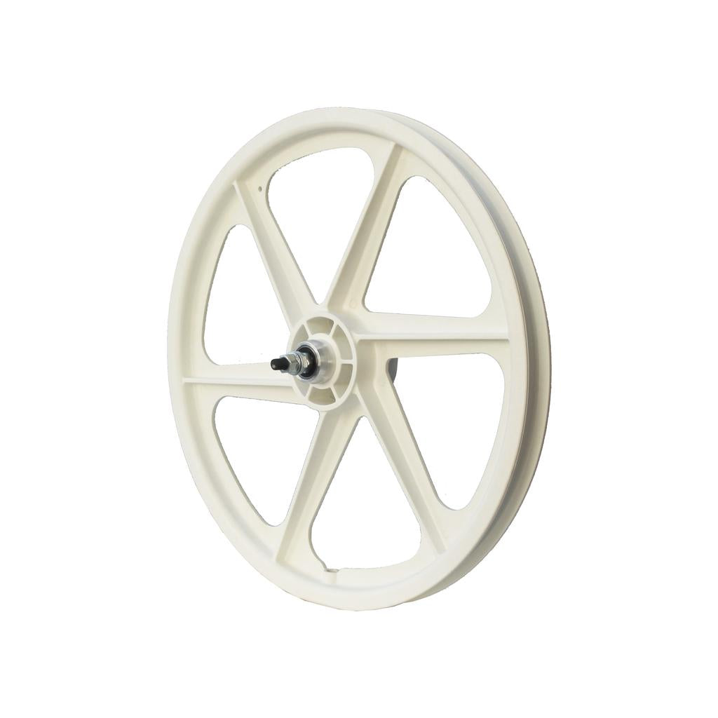 The Skyway Tuff 6 Spoke Rear Wheel is a white composite nylon wheel with a central hub and precision sealed bearings, often used in bicycles. Shown isolated on a white background.