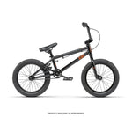 Side view of a black Radio Revo 16 Inch Bike for kids with thick tires, padded seat, and straight handlebars, shown on a white background.
