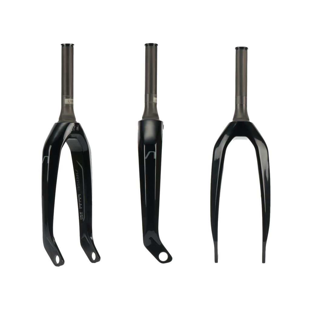 Three Arise Terra Carbon Forks (Pro, Tapered, 20mm) are displayed vertically against a pristine white background.