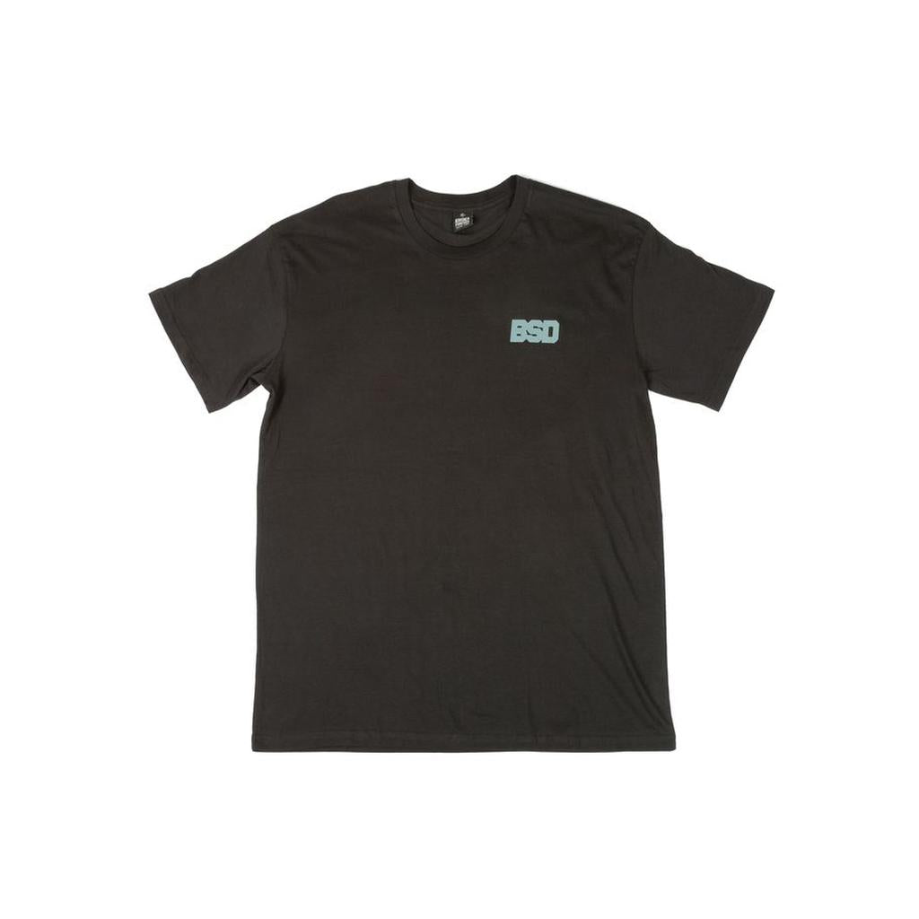 The BSD We Here Forever T-Shirt is a plain black, lightweight cotton tee with a small light blue "BSD" logo on the left chest, shown against a white background.