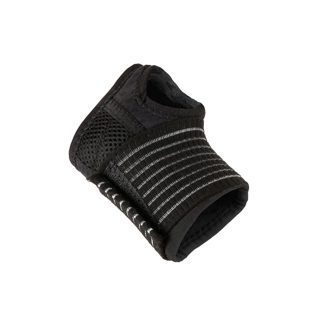 Fuse Alpha Pro Wrist Guards (Pair), black and adjustable, crafted from anti-bacterial neoprene with reinforced stitching and breathable mesh panels, displayed on a white background.