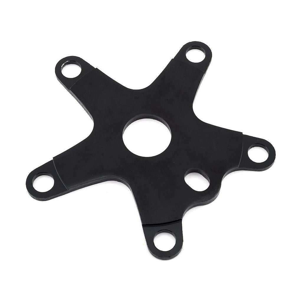 The MCS 110BCD 5 Bolt Spider is a black, five-arm alloy spider with a 23.8mm center hole and five 110BCD mounting holes, designed for use with 1-piece bicycle cranks.