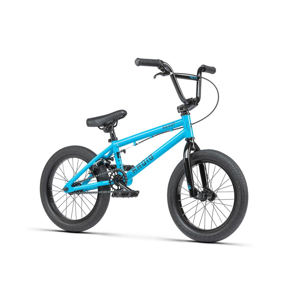 A Radio Revo 16 Inch Bike in blue, featuring black handlebars, seat, and tires, is displayed against a white background.