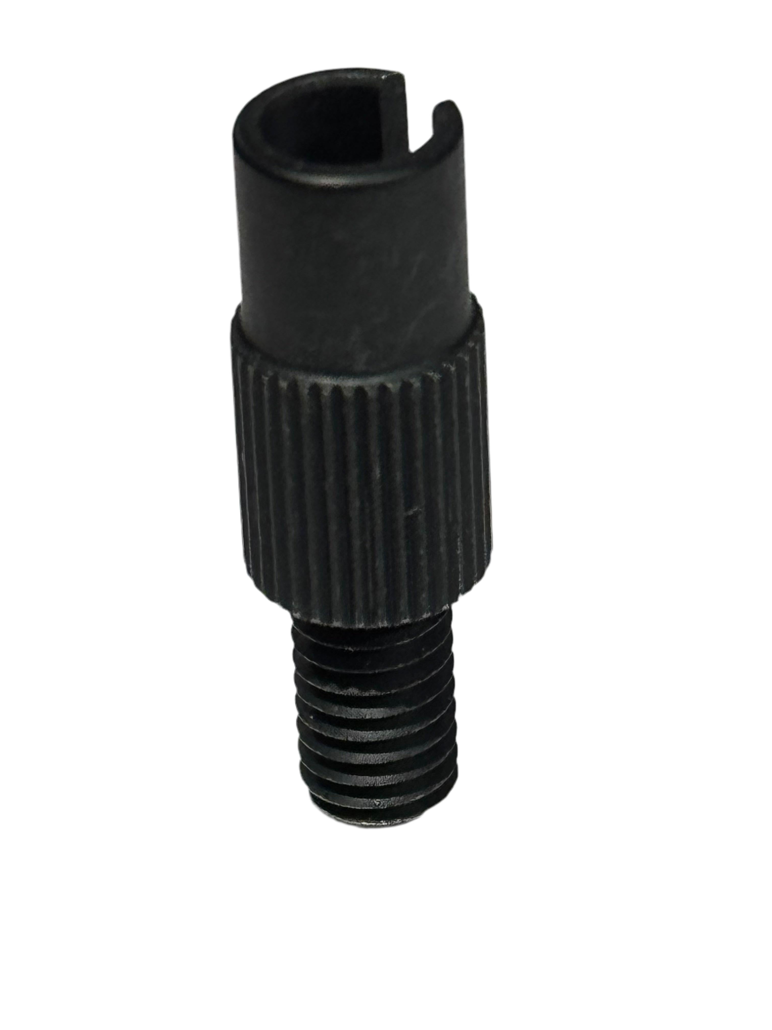 The Fly Bikes Barrel Adjuster is a black metal component with an M6 thread, ribbed grip, and a top slot for gyro cable housing, shown isolated on a white background.
