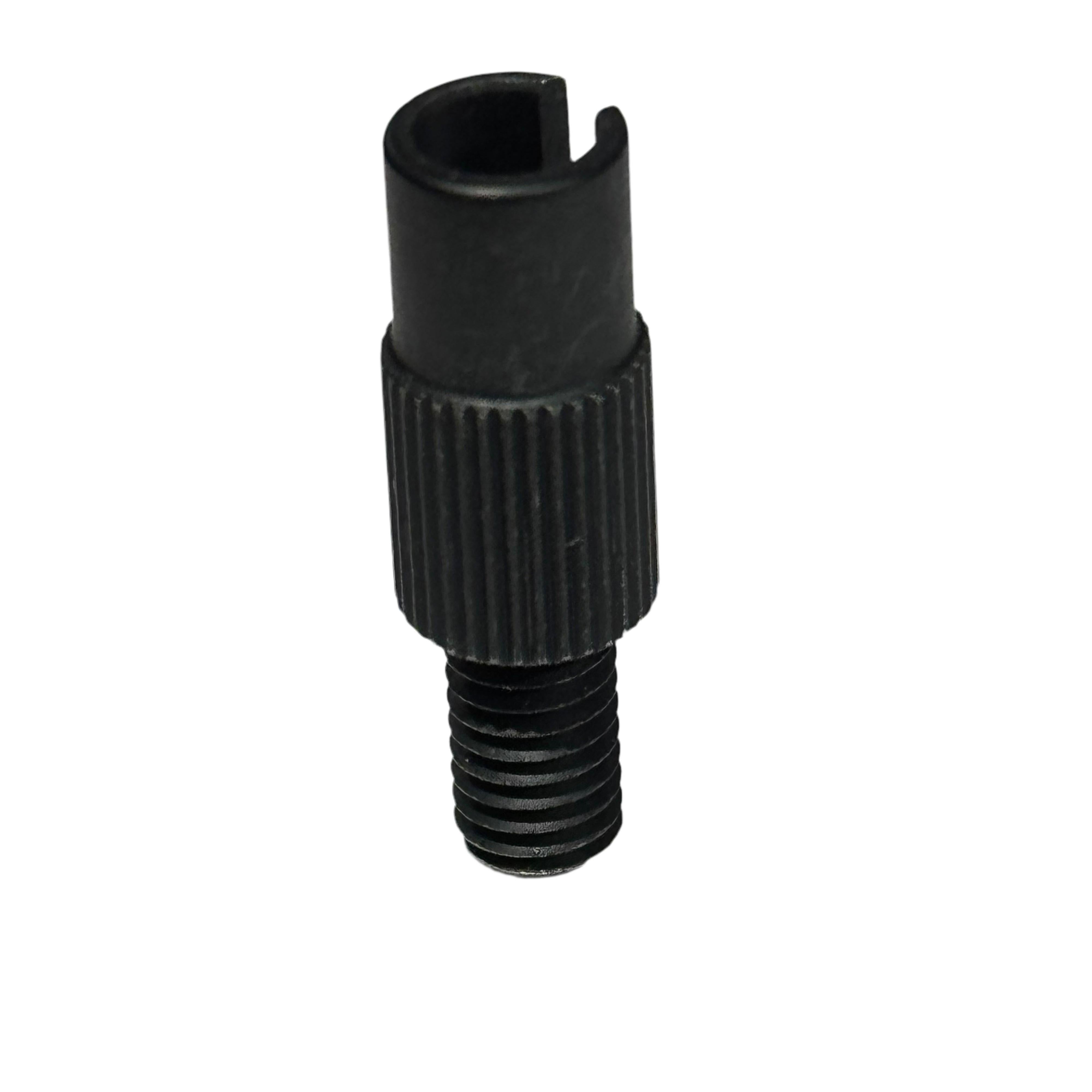 The Fly Bikes Barrel Adjuster is a black metal component with an M6 thread, ribbed grip, and a top slot for gyro cable housing, shown isolated on a white background.