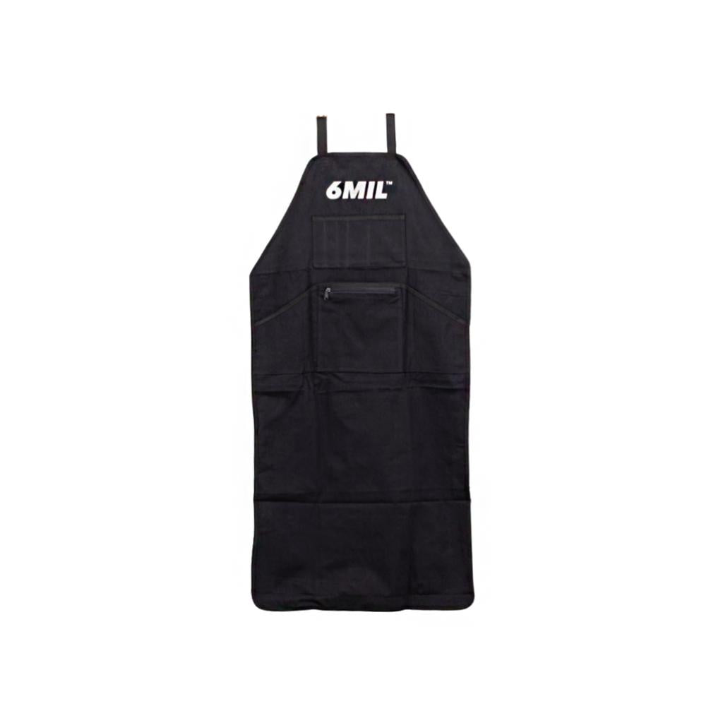 6MIL Shop Apron—black, heavy-duty with multiple front pockets and "6MIL" printed at the top, shown on a white background.