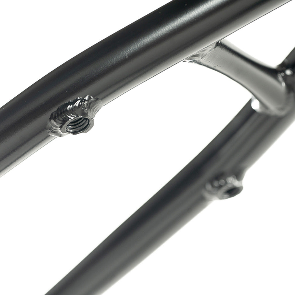 A close up of a black Colony 2024 Sweet Tooth 18 Inch bicycle frame from the Sweet Tooth Range.