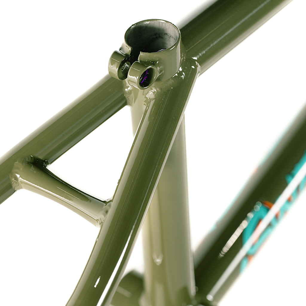 A close up of an olive green Colony 2024 Sweet Tooth 18 Inch bike frame from the Sweet Tooth Range.