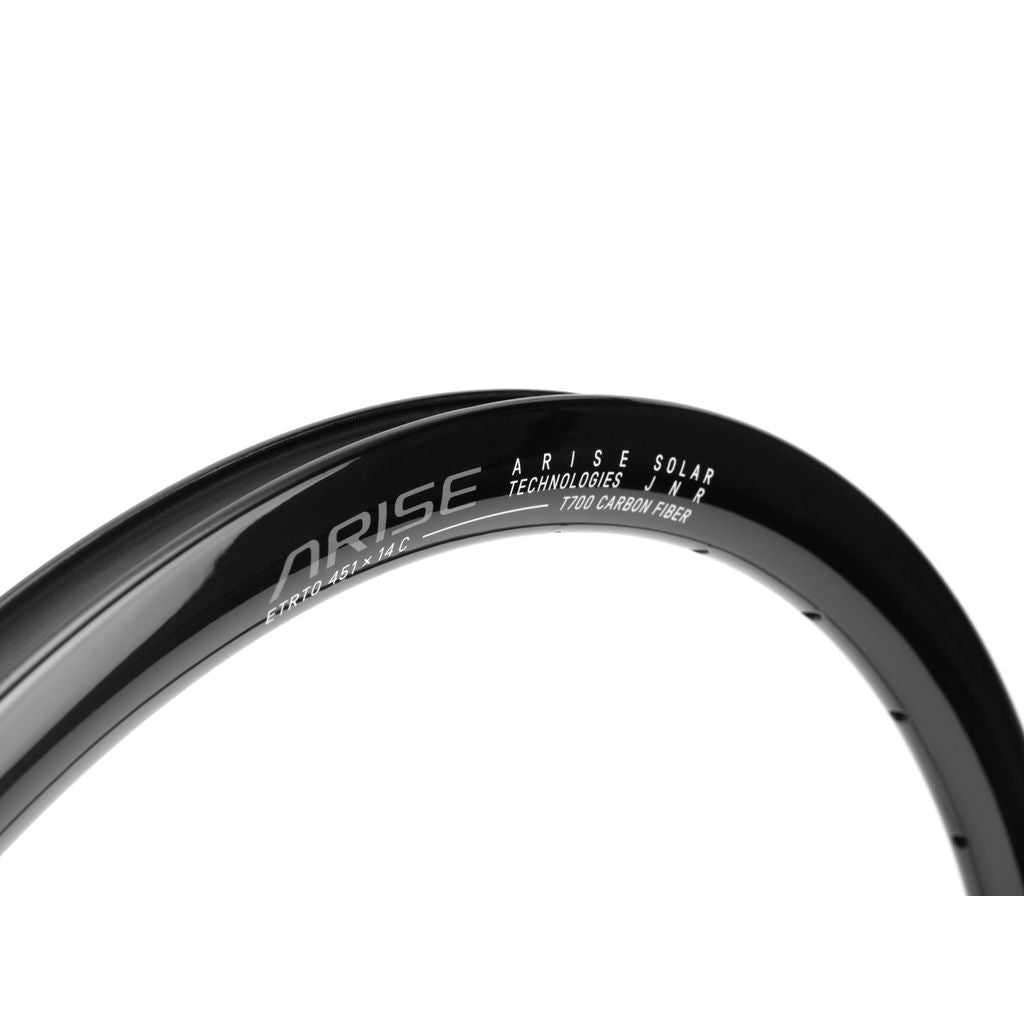 Close-up of a black bicycle wheel rim with the text "Arise Solar Junior Rim (Front)," highlighting its impressive braking performance.