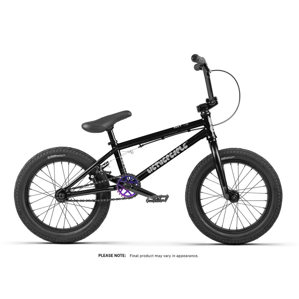 The Wethepeople Seed 16 Inch Bike is a black kids BMX with a compact frame, thick tires, and straight handlebars, shown in side profile on a white background.